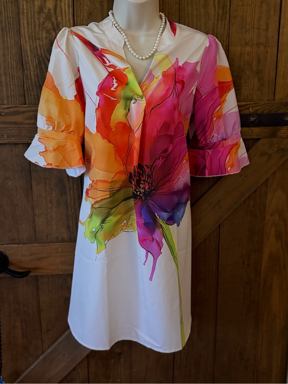 Womens Watercolor Floral Shift Dress in White with Bright Accents